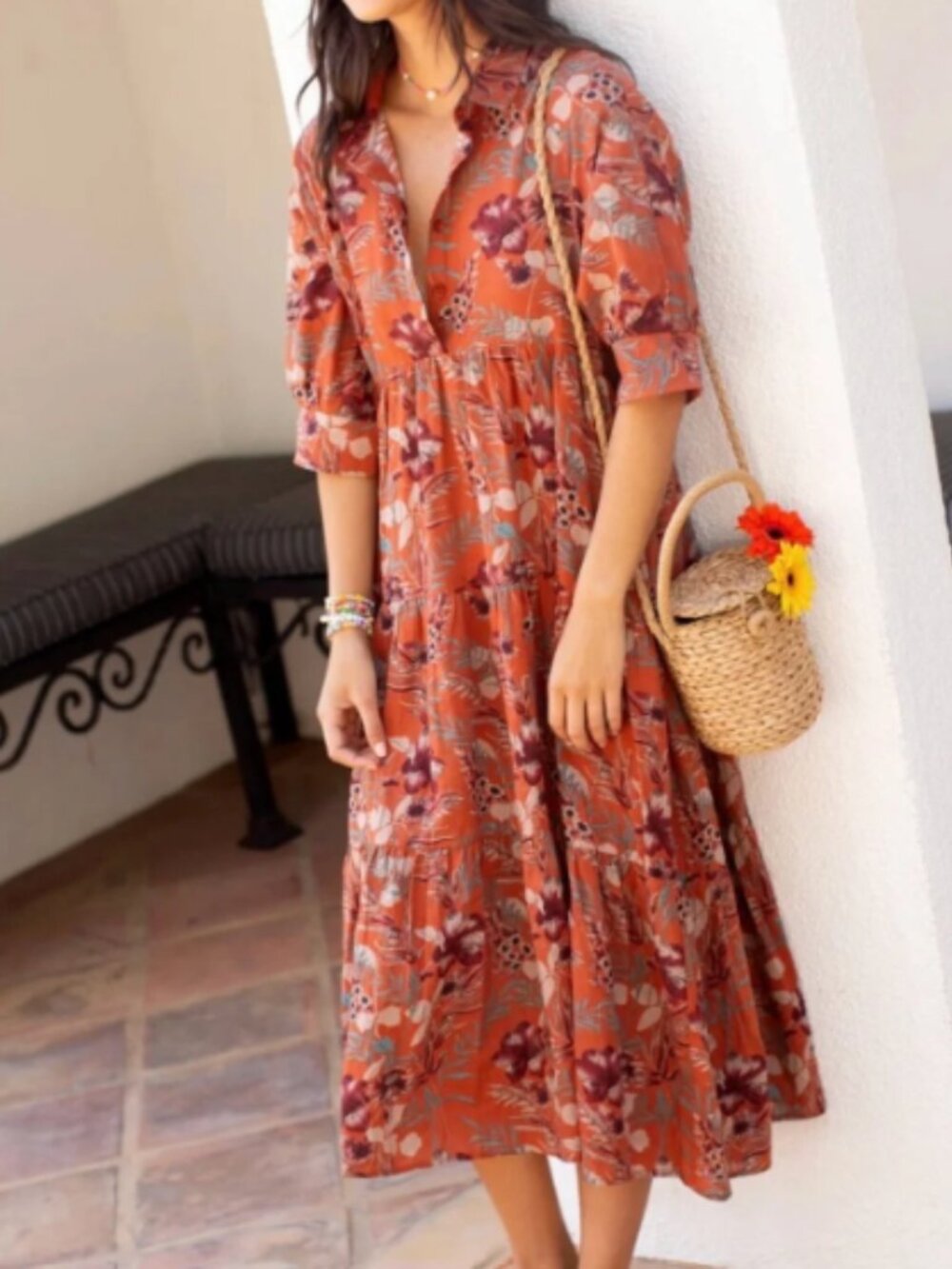 Natural Life Rebecca Burnt Orange Floral Tiered Midi Dress Large